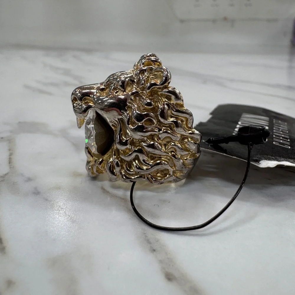 Gucci Two-Tone Lion Head Ring with Crystal Accent